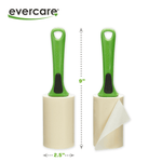 Two Evercare lint roller handles shown with measurements indicating 9 inches length and 2.5 inch roll width on white background.