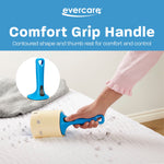 Lifestyle image of a hand using a blue Evercare lint roller on a bed, with inset showing the stand-up handle