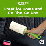 Image of an Evercare lint roller being used to remove pet hair from a car seat with promotional header text