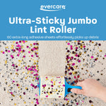 Evercare product banner showing a blue lint roller removing colorful confetti from carpet