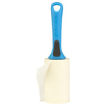 Evercare lint roller with blue handle and a sheet partially peeled from the roll against a white background.