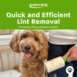 Lifestyle image showing a person using an Evercare lint roller on a surface beside a seated brown dog, with 'Quick and Efficient' header.