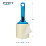 Blue Evercare lint roller standing on a large refill roll with dimensions indicated beside it