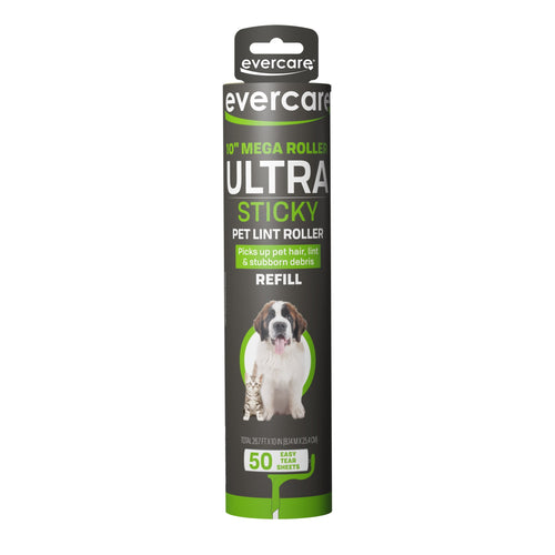 Evercare branded tall cylindrical refill package for a mega sticky pet lint roller with dog and cat image