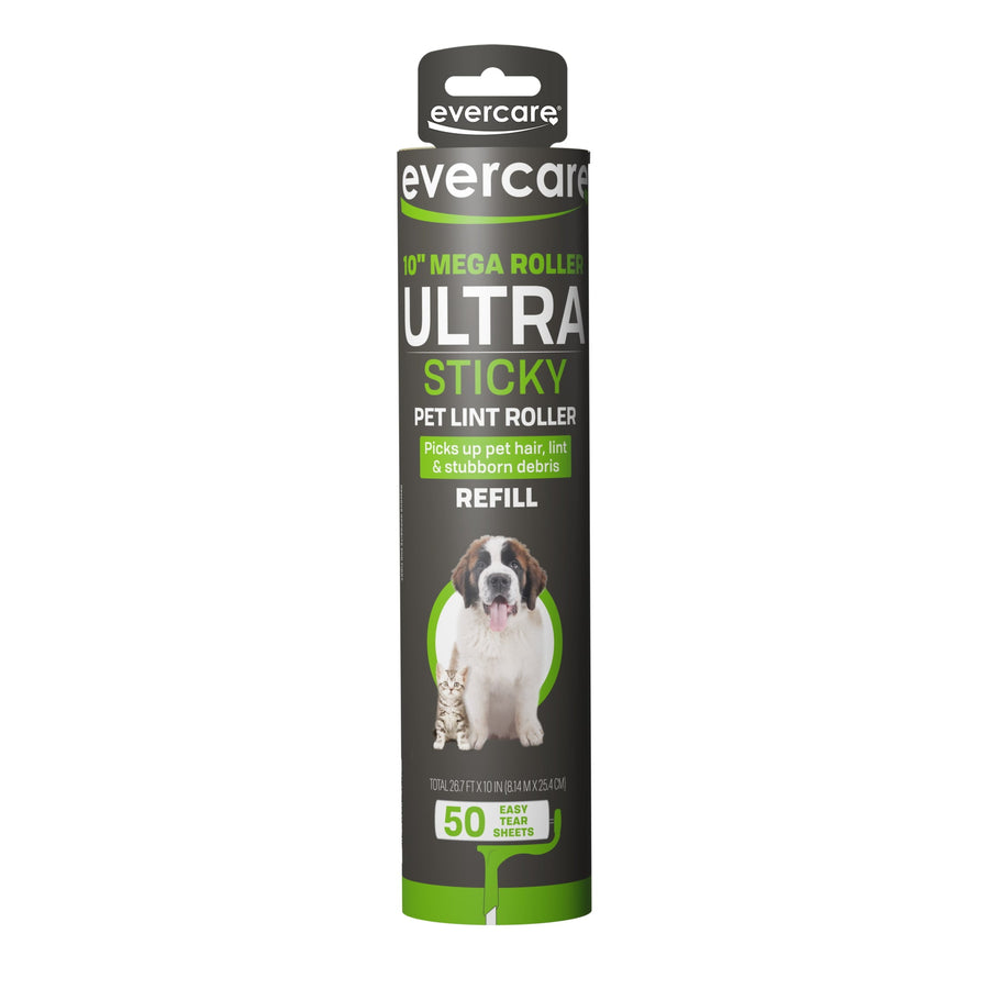 Evercare branded tall cylindrical refill package for a mega sticky pet lint roller with dog and cat image
