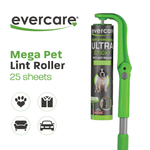 Graphic product panel showing Evercare logo and packaged mega pet lint roller with icons and 25 sheets callout