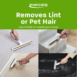 Four-panel collage showing Evercare tool removing lint and pet hair from carpet, stairs and other surfaces