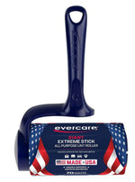 Close-up of an Evercare navy T-shaped lint roller with American flag patterned refill sleeve and visible Evercare logo