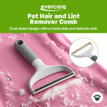Evercare product graphic showing the pet hair and lint remover comb on a pink sweater with inset close-up of the tool head