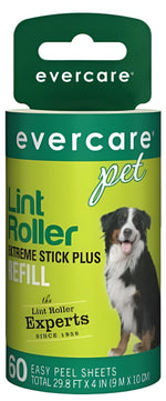 Close-up of Evercare Pet branded lint roller refill packaging with dog image and green header