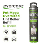 Evercare product graphic showing a mega oversized lint roller refill next to text calling it a pet mega refill and 50 sheets