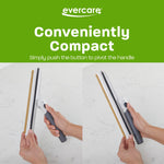 Two photos demonstrating pivoting handle of Evercare lint comb with text 'Conveniently Compact' on green banner
