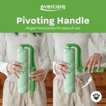 Two images of a person showing the Evercare lint roller pivoting handle with instruction-style text and green header