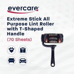 Evercare branded product graphic showing a navy T-handle lint roller and text describing the Extreme Stick all-purpose roller