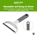 Promotional image of Evercare reusable pet hair remover angled on white background with inset showing the handle hole for hanging