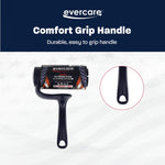 Evercare T-handle lint roller shown vertically with an inset close-up of the comfort grip handle hole and a wrapped refill