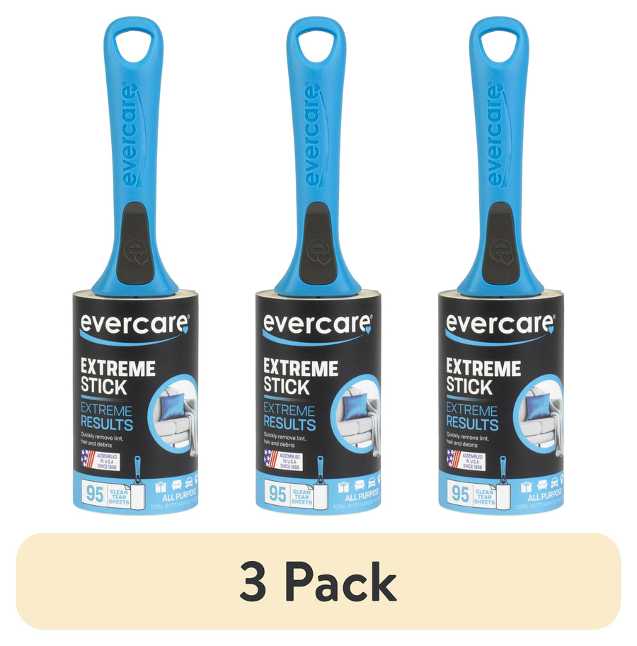 Three blue-handled Evercare lint rollers with black labels displayed side-by-side on white background with '3 Pack' text below.