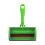 Top-down view of green Evercare pet hair remover with translucent cover revealing a red roller inside
