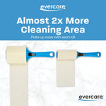 Graphic comparing two blue Evercare lint rollers side-by-side with caption claiming almost twice the cleaning area