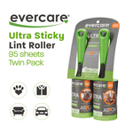 Evercare Ultra Sticky lint roller twin pack graphic with product image, icons, and text highlighting 95 sheets per roll.