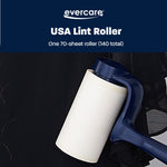 Evercare promotional image with a white refill roller partially removed from a navy T-handle against a dark fabric background