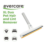 Evercare XL Duo pet hair and lint remover on white background with icons indicating use on furniture, beds and cars