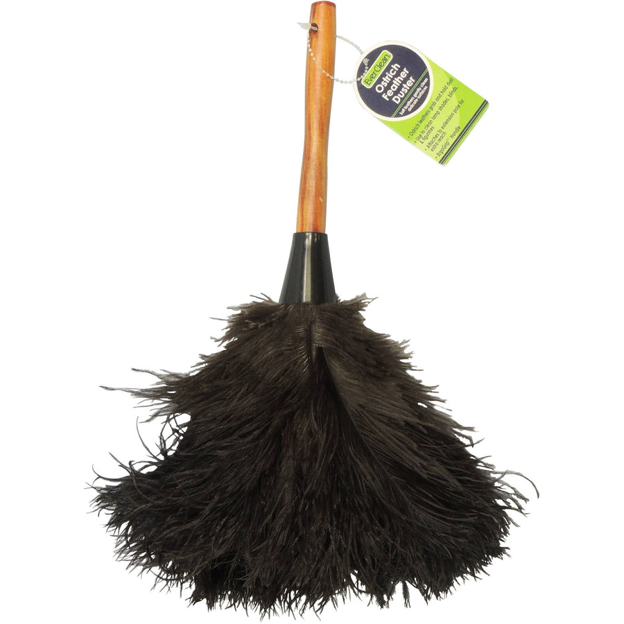Full view of a dark ostrich feather duster with a wooden handle and hanging EverClean product tag