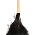 Close-up of an ostrich feather duster showing the top of dark feathers and the wooden handle collar