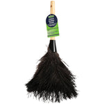 Straight-on view of a black ostrich feather duster with a light wooden handle and EverClean product tag attached