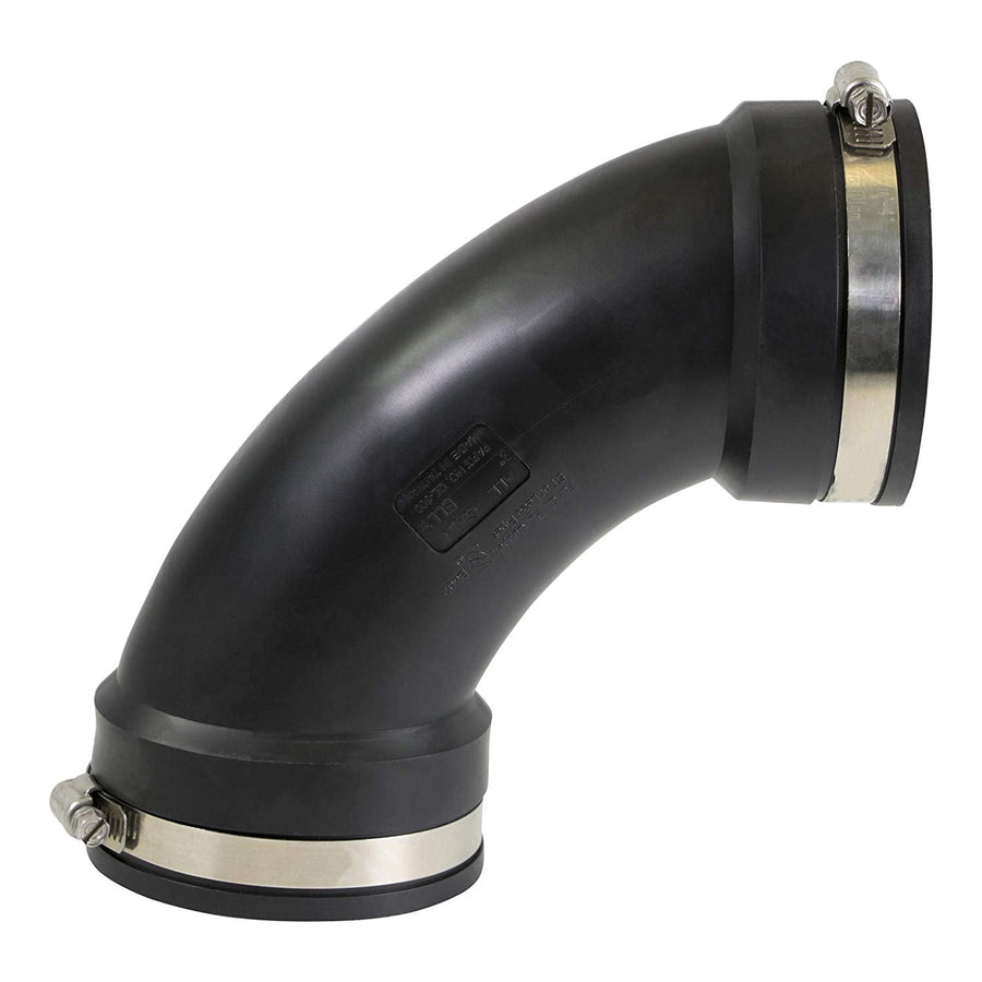 Black flexible 90-degree PVC elbow coupling fitted with two stainless steel band clamps on each end