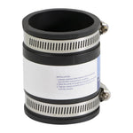 Black PVC flexible coupling with stainless clamps and a partial white installation instruction label