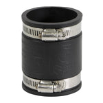 Black PVC flexible pipe coupling with two stainless steel worm-gear clamps, vertical view