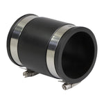 Low-angle view of a black rubber coupling with two stainless steel clamp bands and open end