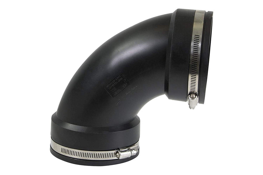 Black 90-degree flexible PVC elbow coupling fitted with two stainless-steel adjustable hose clamps on a white background.