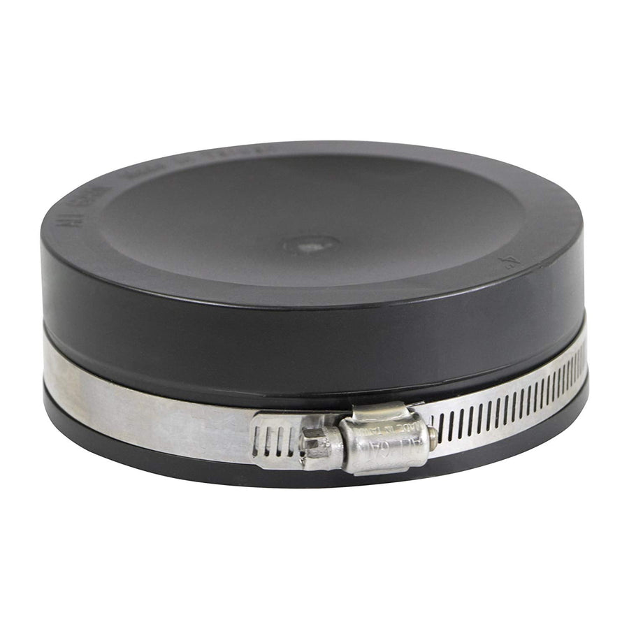 Everflow black 4-inch flexible PVC pipe cap with an attached stainless steel adjustable hose clamp