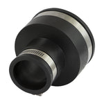 Angled view of a black flexible pipe reducing coupling showing inner bore and stainless steel clamp bands