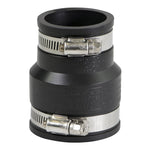 Everflow black flexible reducing coupling with two stainless steel worm-drive clamps, angled view