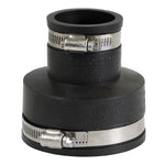 Black flexible reducing coupling with two stainless steel worm-drive clamps, close-up angled view