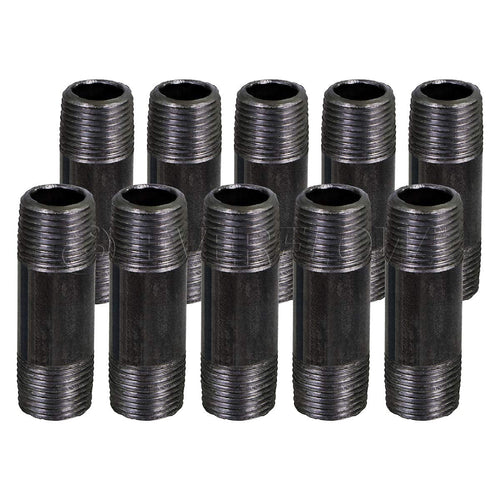 Ten black threaded steel pipe nipples arranged in two staggered rows on white background, Everflow finish visible