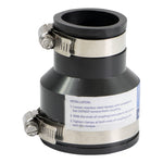 Everflow reducing coupling with stainless clamps and visible installation instruction label on body