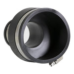 End-on view into a black flexible reducing coupling, visible stepped inner bore and stainless steel clamp
