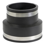 Black PVC flexible reducing coupling with visible stainless steel clamping bands, front view