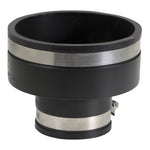 Everflow flexible PVC reducing coupling photographed upright, visible stainless steel clamp around smaller end