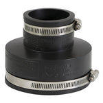 Everflow black flexible PVC reducing coupling with two stainless steel worm‑drive clamps, angled studio view