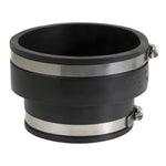Everflow black flexible PVC reducing coupling displayed at slight angle with visible clamp screws