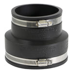 Black flexible PVC reducing coupling with stainless steel hose clamps, angled view