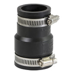 Everflow black flexible reducing coupling with two stainless-steel hose clamps, vertical view
