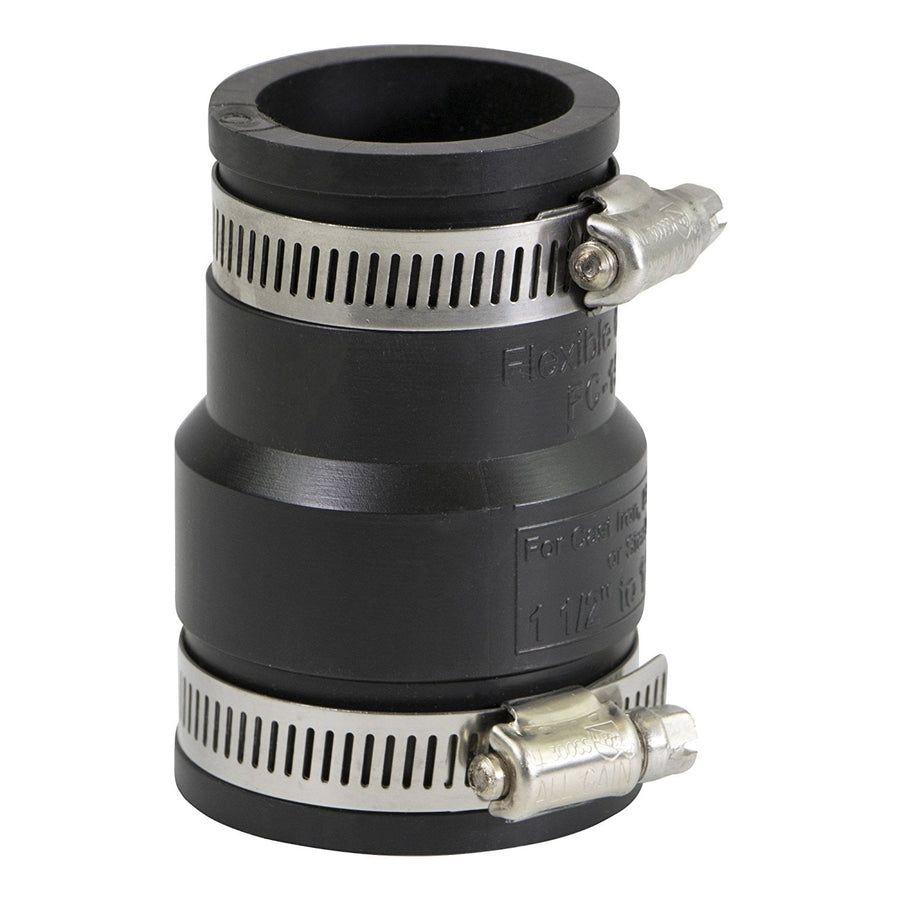 Everflow black flexible reducing coupling with two stainless-steel hose clamps, vertical view