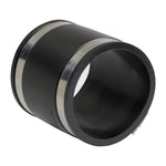 Angled view of a black rubber PVC coupling showing stainless steel clamp bands and hollow interior