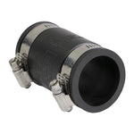 Angled view of black flexible PVC coupling showing stainless steel clamps and molded markings